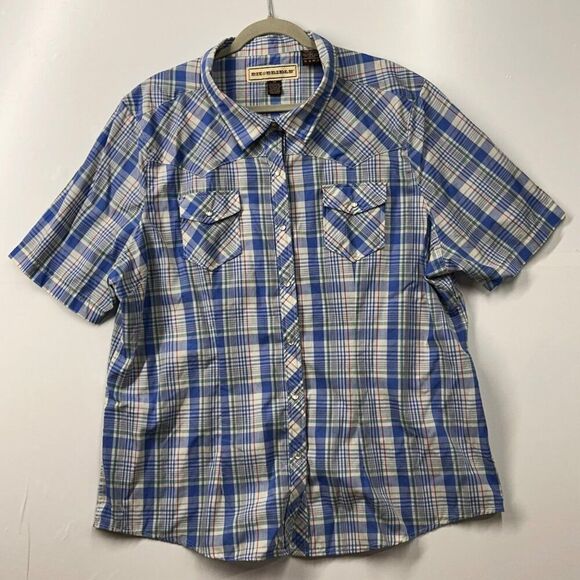Bit & Bridle 2X Western Plaid Short Sleeve Shirt Blue Green women Pearl Snap - Picture 2 of 8